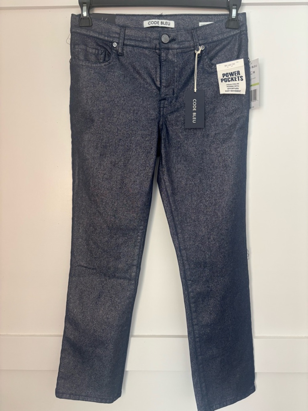 Code Bleu Metallic Stretch Jeans in Dark Silver-Blue size 4P